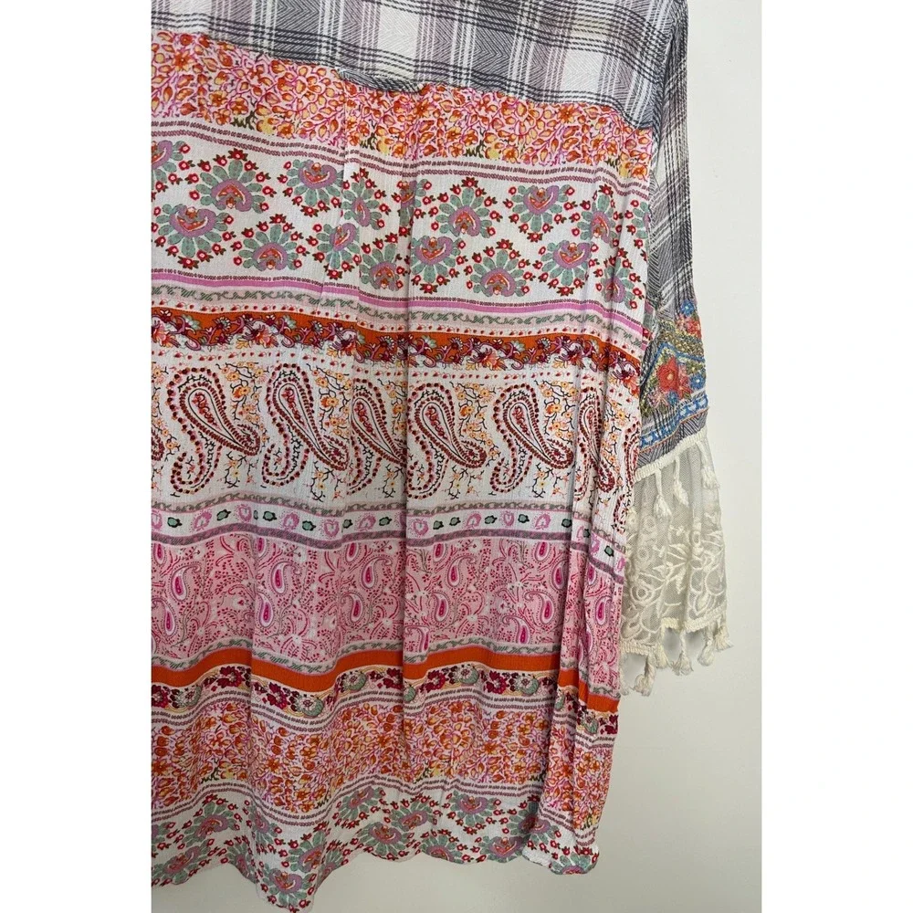 John Mark Boho Embroidered Plaid Tunic Top Lace Tassel Sleeve Blouse Womens XL - Picture 11 of 14